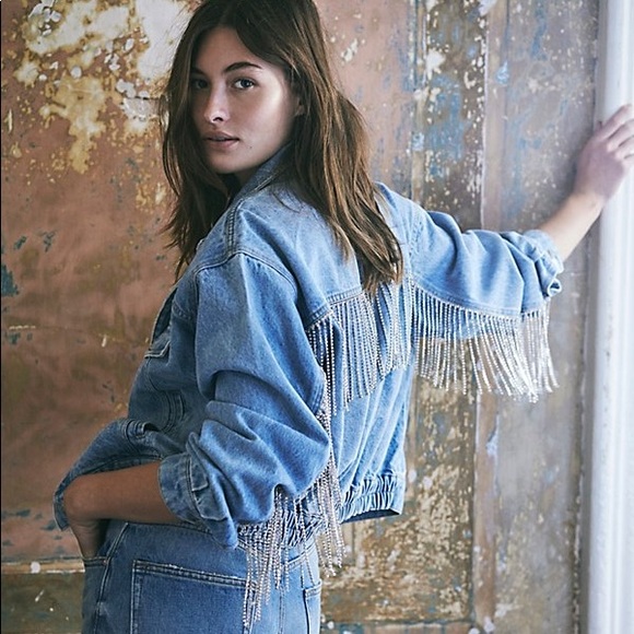 NWT Free People Comet Fringe Denim Bomber Jacket - Picture 3 of 9